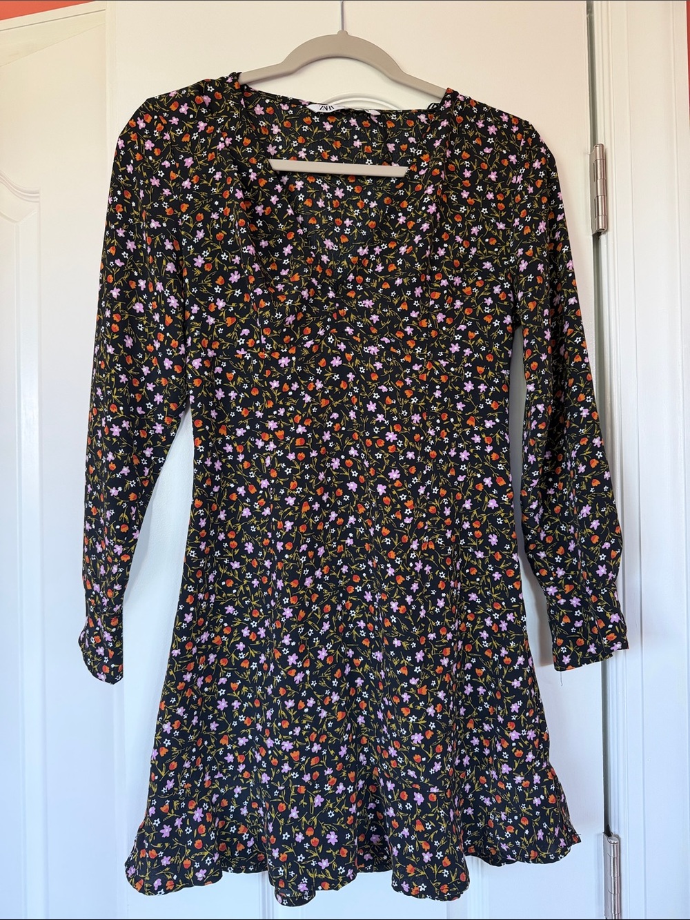 Zara Black Floral Long Sleeve Mini Dress with Pink & Orange Accents